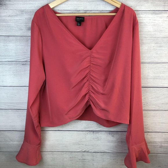 free press Tops - Free Press V Neck Pink Blouse Bell Sleeve XL